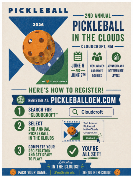2nd Annual Pickleball in the Clouds tournament flyer — June 6–7, 2026, Cloudcroft, NM