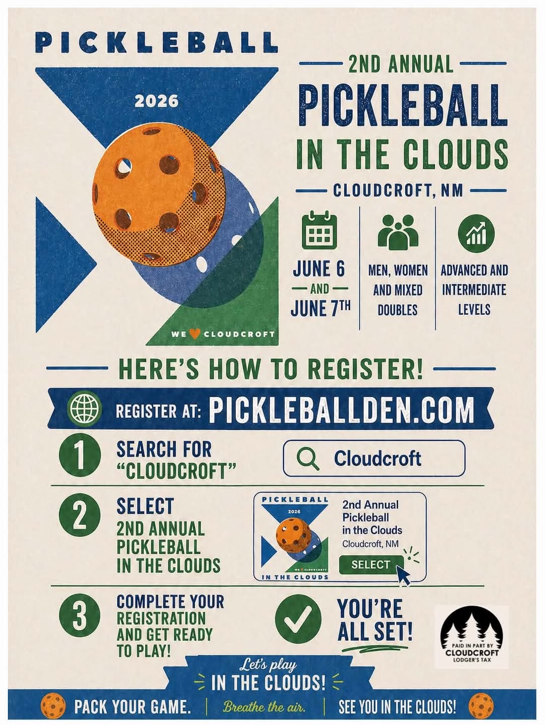 2nd Annual Pickleball in the Clouds tournament flyer — June 6–7, 2026, Cloudcroft, NM