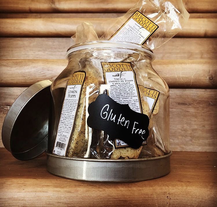 Glass jar of gluten-free cookies with chalkboard label at Black Bear Coffee