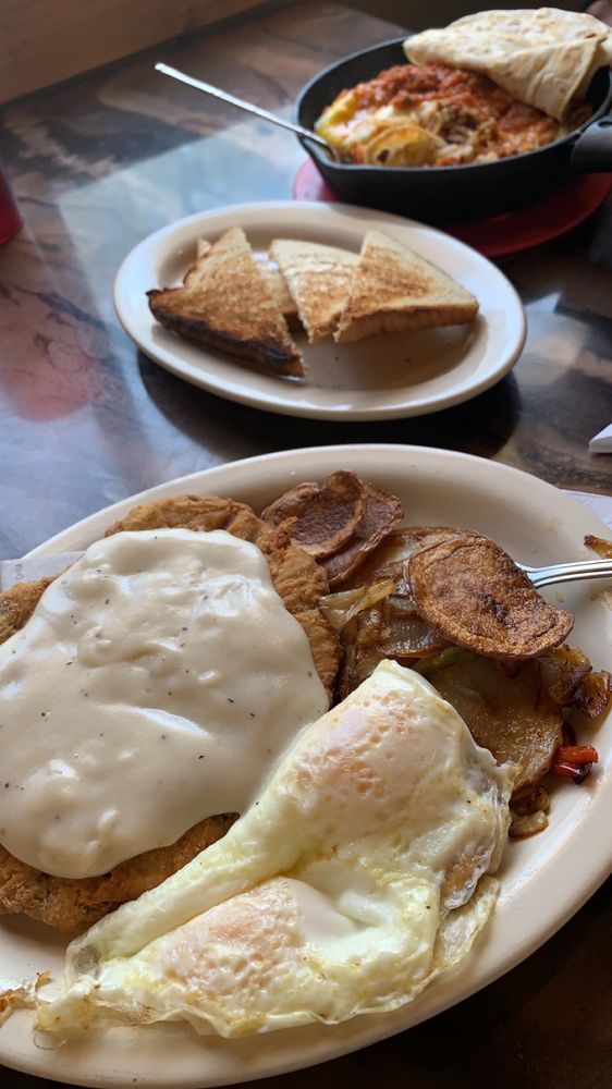 Chicken-fried steak with two over-easy eggs and home-fried potatoes &mdash; the owner-recommended working-crew breakfast