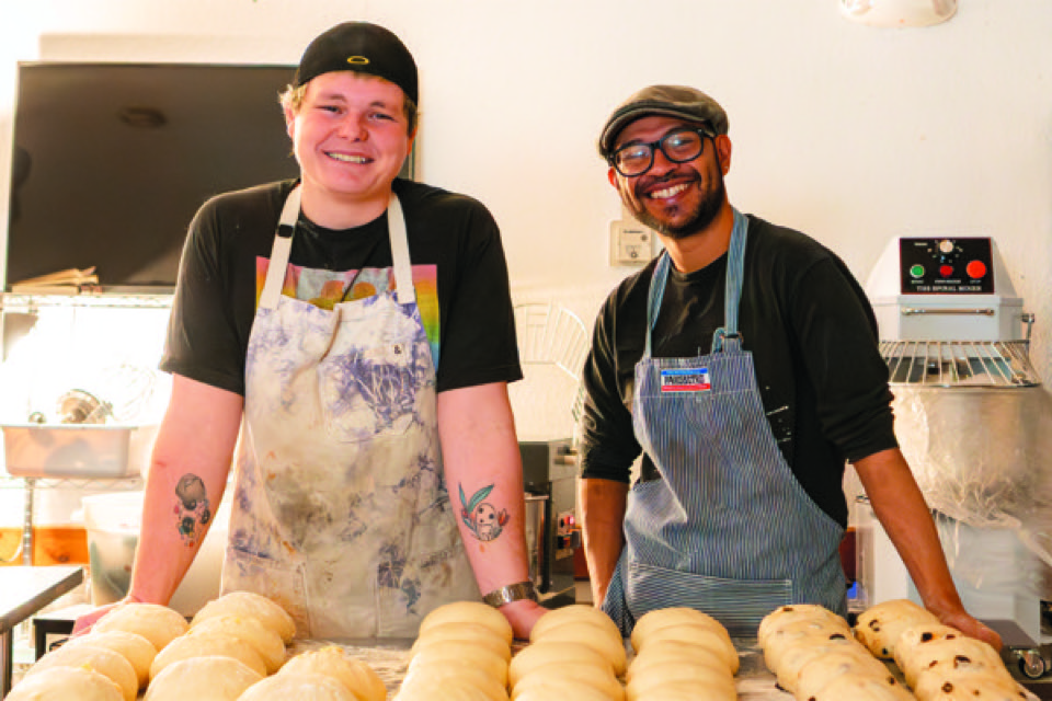 Closer look at baked goods inside Levain It Up Sourdough Bakery