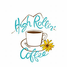 High Rollin' Coffee hand-drawn logo with coffee cup and sunflower