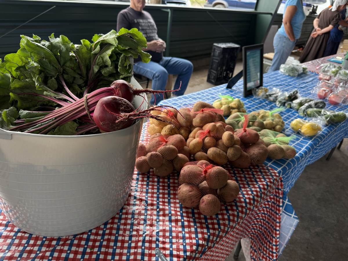 Fresh beets in a tub beside mesh bags of new potatoes on a checked tablecloth at the Cloudcroft farmers market