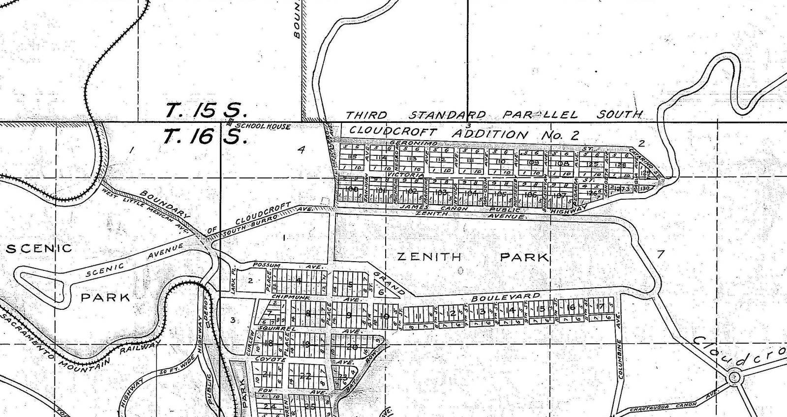 Cropped 1906 plat map of the Cloudcroft Reservation showing Zenith Park, Cloudcroft Addition No. 2, Zenith Avenue and the James Canyon Public Highway