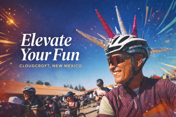 Smiling cyclist in a spiked unicorn helmet among riders at a Cloudcroft cycling event, with the Elevate Your Fun tagline