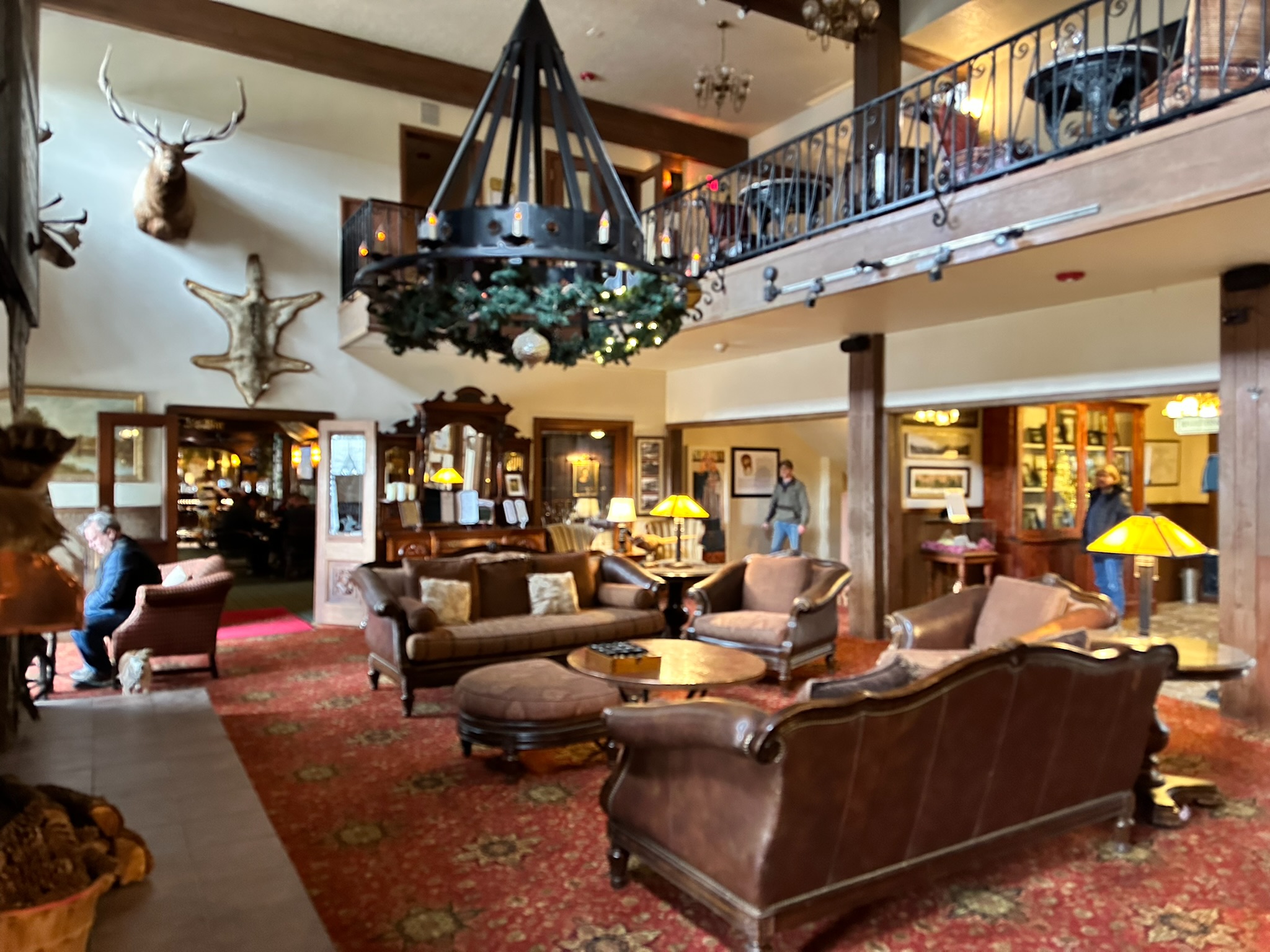 The Lodge at Cloudcroft lobby with rustic chandelier and historic furnishings