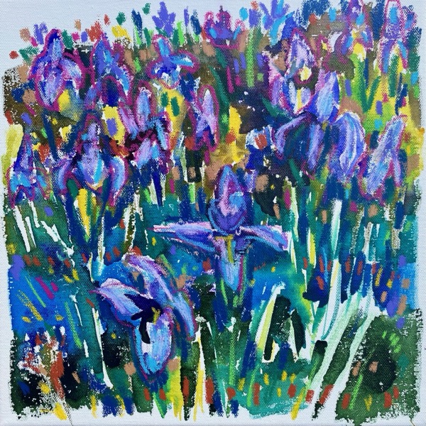 Acrylic painting of purple irises