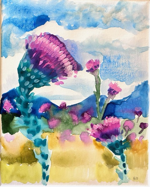 Watercolor painting of New Mexico desert wildflowers and mountains