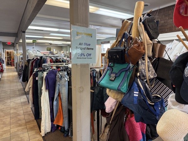 Bag and purse rack at King's Treasure with a sign reading All Blue Tagged Items 75 percent off