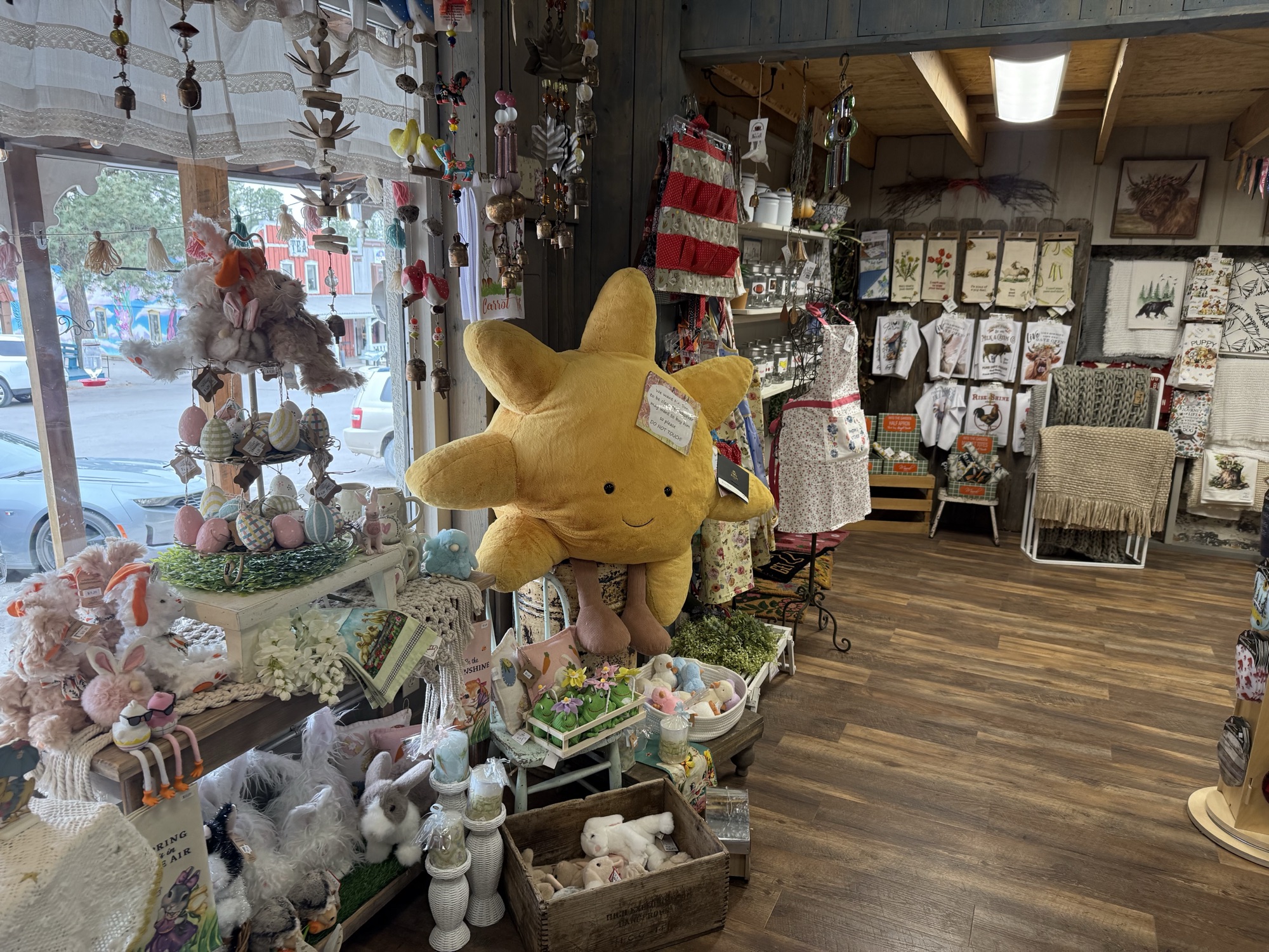 Interior view of Mountain Magic with packed shelving, country-cabin décor, and rotating gift inventory