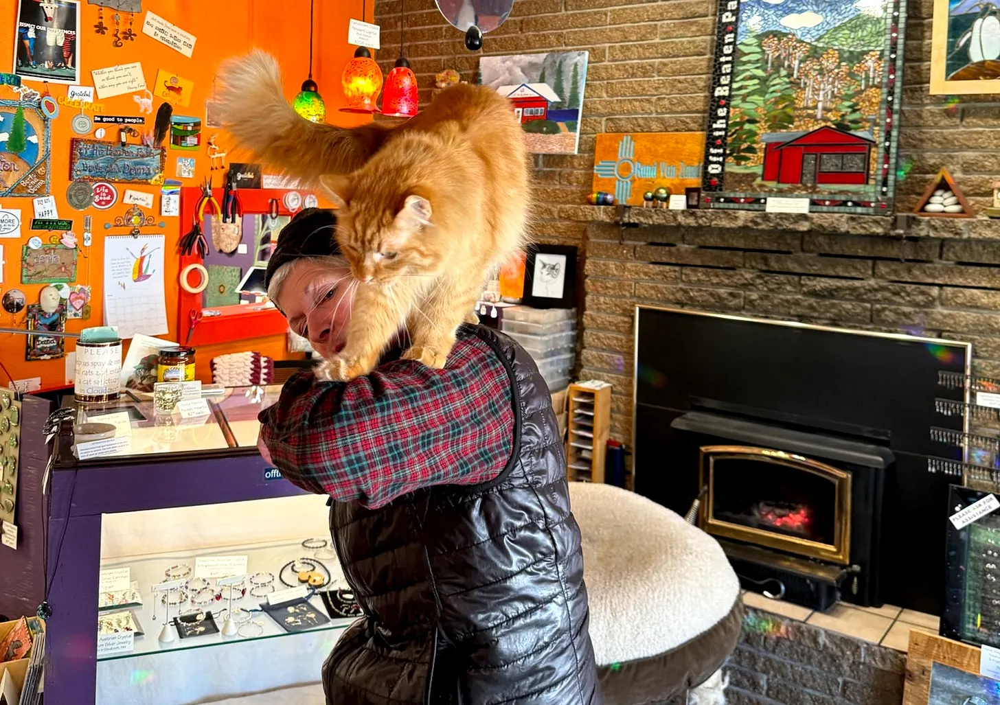 Owner with a long-haired orange cat perched on her shoulder near the brick fireplace and mosaic art