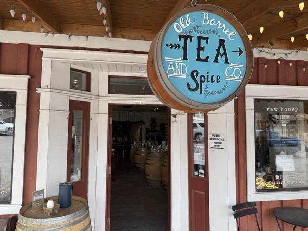 Loose-leaf tea retail display inside Old Barrel Tea Company