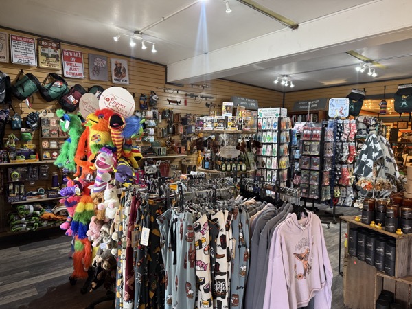 Wide interior view of Poke The Bear showing colorful boa-feather plushies, t-shirt racks, hats, hoodies, and merchandise filling wood-paneled aisles