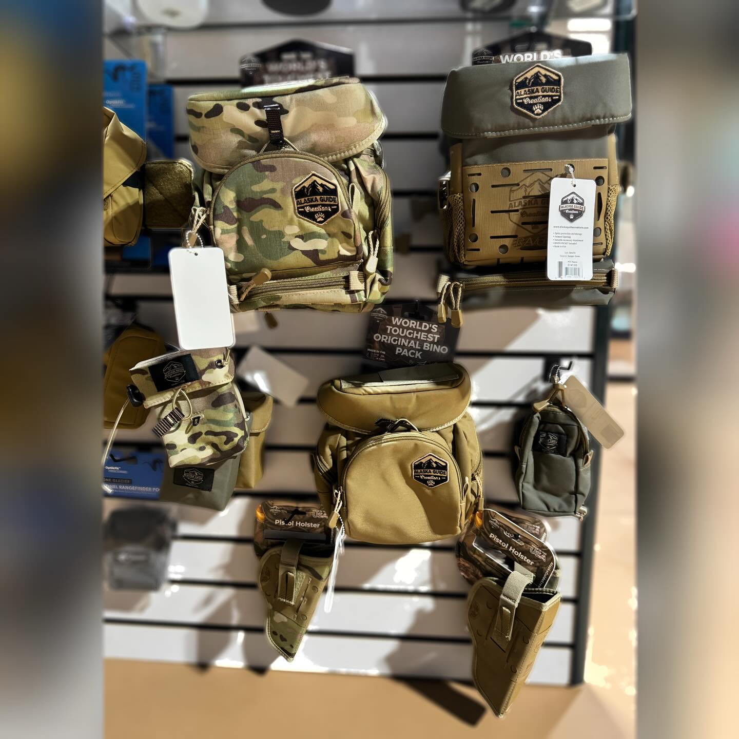 Tactical bags and outdoor pouches on display at The Highland in Cloudcroft