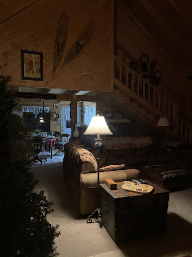 Cabin living area at Burro Street Boardinghouse with wood-paneled walls, snowshoes mounted above the stairs, sofa, lamp, and warm lighting